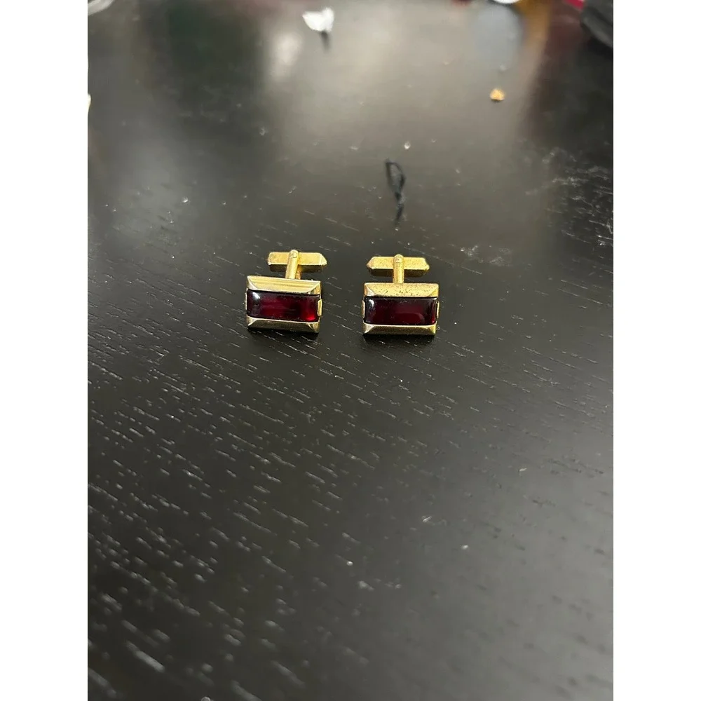 Swank Vintage Gold Tone Red Glass Stone Rectangular Cufflinks Mid Century Modern